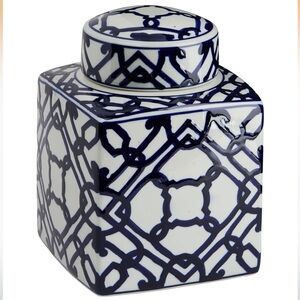 Creative Co-Op Blue & White Ceramic Ginger Jar with Lid